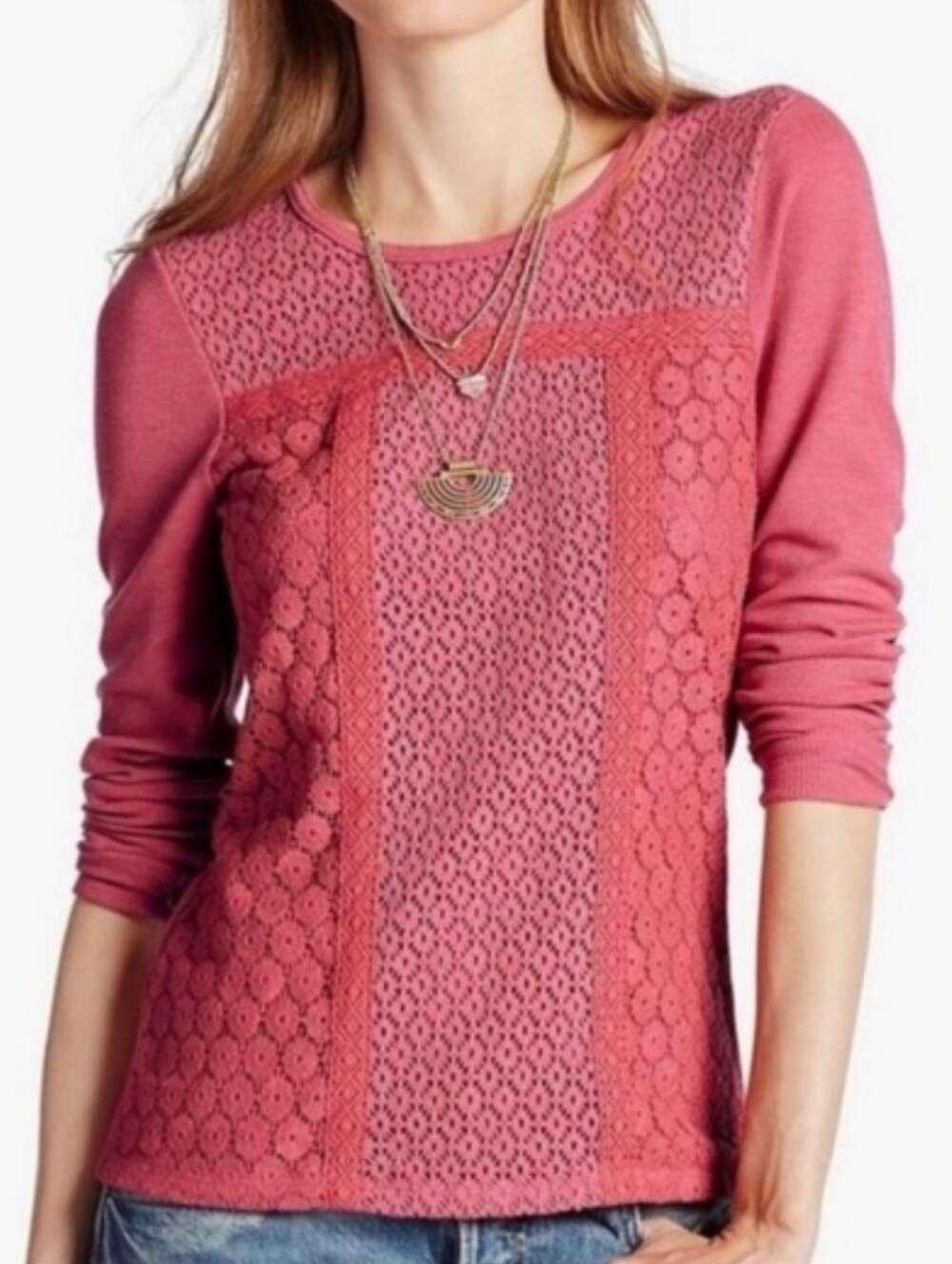 Lucky Brand Red Long Sleeve Thermal Top w/ Lace Crochet Overlay, Size XL